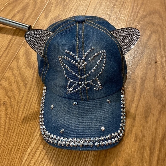 Rhinestone Bling Youth Denim Hat  /Cap Adjustable Strap Cat Ears - Picture 3 of 8